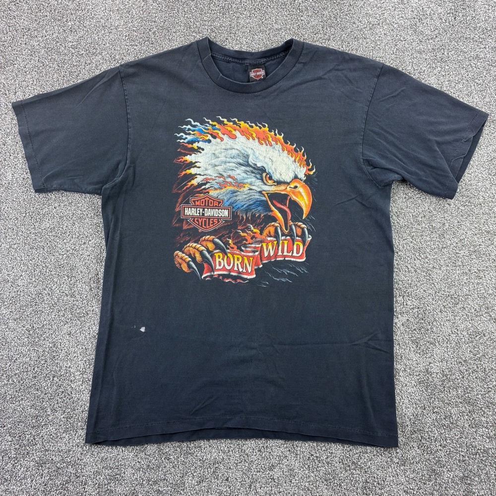 Vintage Harley Davidson Shirt Mens XL Born Wild Eagle Flame Cement City Michigan